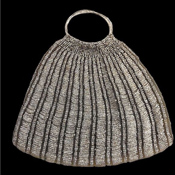 Vintage French Victorian black/silver glass bead bag embossed sterling handles - Picture 1 of 7